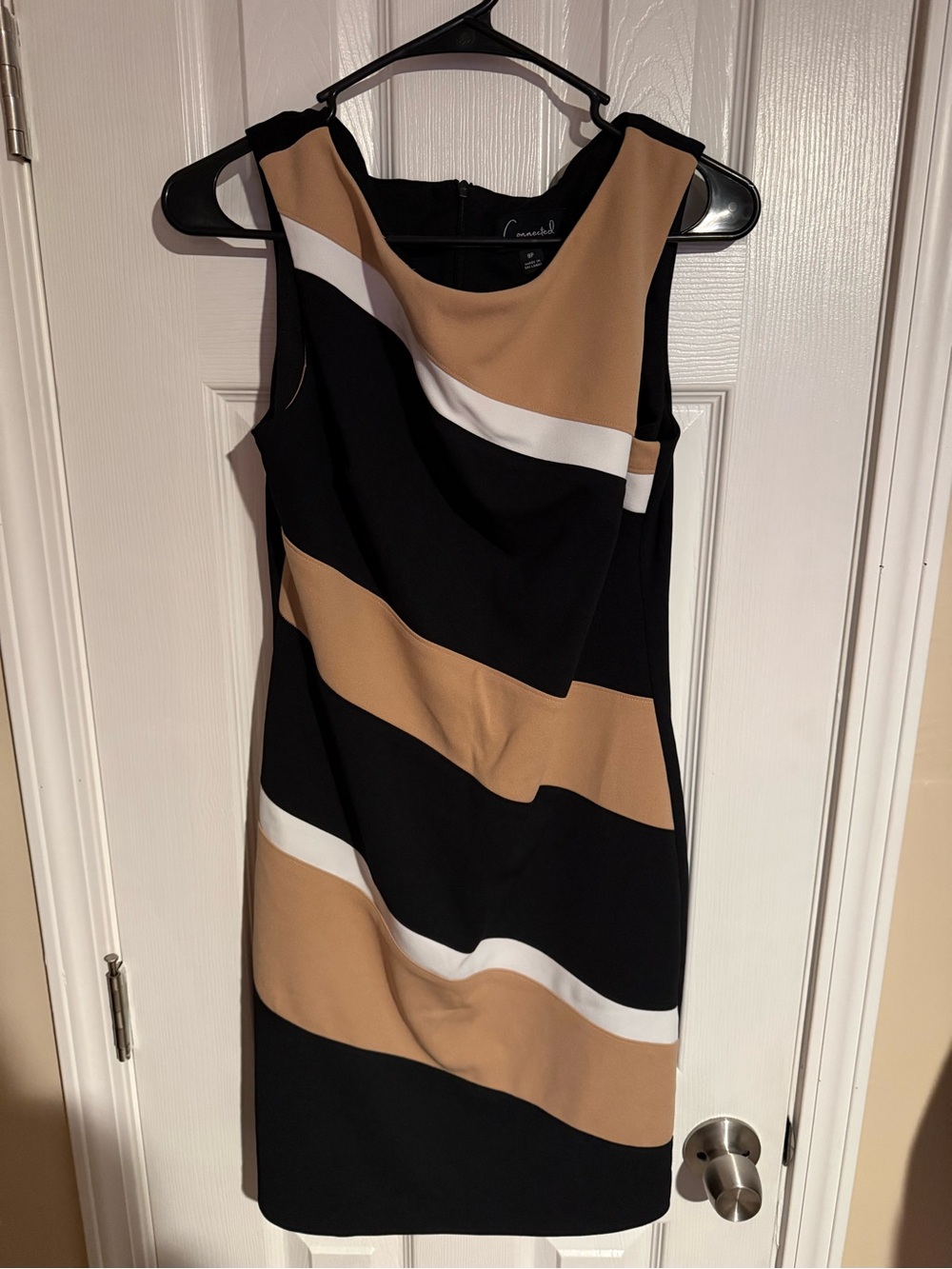 Sleeveless Black & Tan Striped Sheath Dress